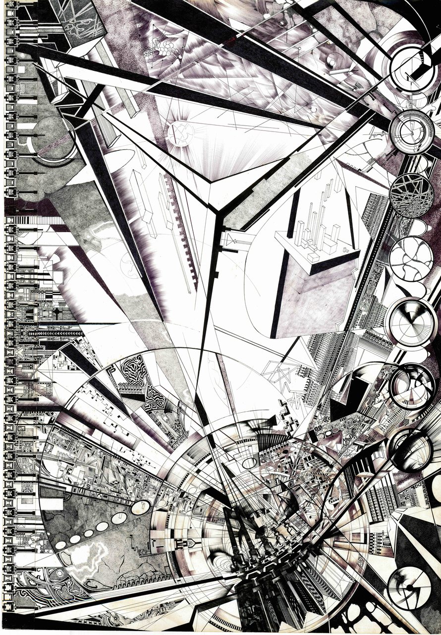 Tall vertical ink drawing: a triangular shaft of light driven through a collapsing geometric city, with circular dials ranged down the right edge.