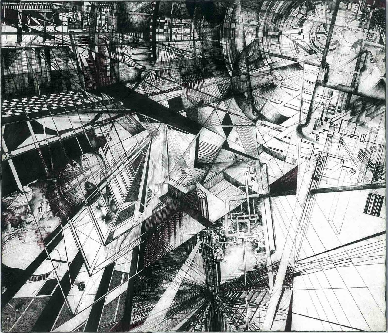 Explosive multi-perspective ink interior — staircases, gantries and lattices radiating from many vanishing points with no fixed horizon.