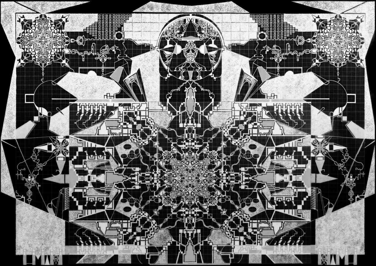 Symmetrical white-on-black drawing resembling an ornate reliquary or circuit, built on a faint graph-paper grid.
