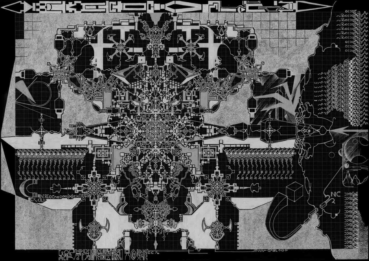 Dense symmetrical drawing of a cruciform machine-cathedral, white linework over a dark grid field.