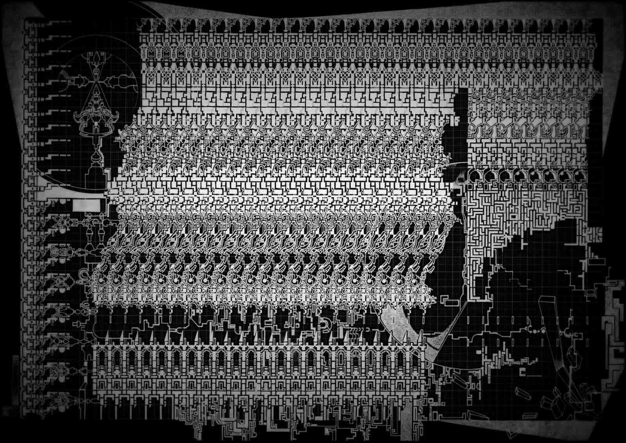 Stacked horizontal registers of repeating arches and capitals, an impossible colonnade in white line on a dark grid.