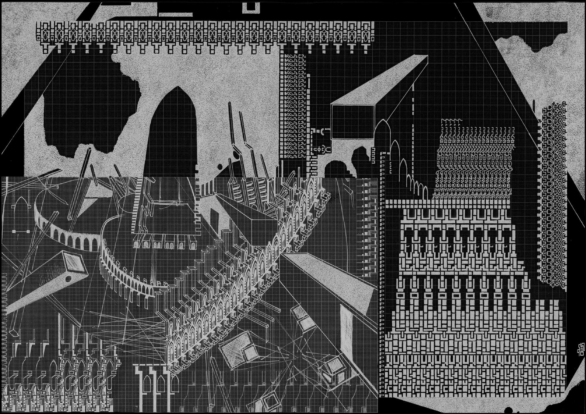 A vast, dense pen-and-ink drawing of an impossible cathedral-machine city seen in steep perspective.
